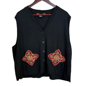 I.B. Diffusion Vest 2X Black Cotton Knit Beaded Embroidered Boho Vintage 90s
